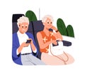 Old passengers with mobile phones during travel. Senior people, modern elderly man and woman sitting on seats, using