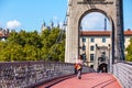 Old Passerelle du College bridge over Rhone river in Lyon, Franc