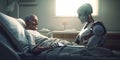 An old patient man is lying on the hospital bed covered with a bedsheet. A careful humanoid robot nurse sitting bedside