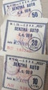 Old romanian PECO fuel vouchers, for 10 liters, 20 liters and 50 liters