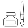 Old pen and ink can thin line icon. Fountain pen and jar symbol, outline style pictogram on white background. Office or