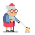 Old people activities grandmother walk the dog granny old lady character design flat vector illustration