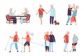 Old people. Cartoon hand drawn elderly persons and couples, grandparents in different activities. Vector happy senior