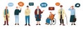 Old people with chat bubble. Cartoon senior male female characters with mobile phone browsing internet, grandfather grandmother