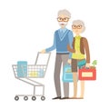 Old People Couple Shopping For Groceries In Supermarket, Illustration From Happy Loving Families Series