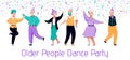 Old people dance party - flat banner with cartoon senior couples dancing