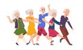 Old people dancing. Diverse elderly cartoon characters dancing a conga line, happy funny persons. Vector active Royalty Free Stock Photo