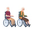 Old people disabled. Senior in a wheelchair. Couple of elderly handicapped person. Vector illustration grandpa and