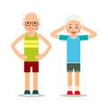 Old people doing exercises. Elderly couple and gymnastics. Senior people making morning exercises. Grandparents and Sport.