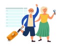 Old people grandparents travel and blog. Pensioners at the airport. Vector illustration isolated on a white background.