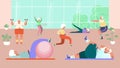 Old people group doing exercises in gym, vector illustration. Healthy activity for senior man woman character, sport and Royalty Free Stock Photo