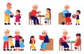 Old people and kids. Grandparent and grandchild, kids visit grandma. Cartoon girl support old woman. Elderly and young Royalty Free Stock Photo