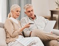 Old people with life insurance application, retirement and reading paperwork, partner with investment or asset Royalty Free Stock Photo