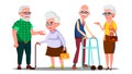 Old People Man, Woman Standing, Walking With Stick Vector. Senior Cartoon Person Set Vector. Isolated Cartoon Royalty Free Stock Photo