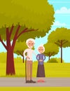 Old people man and woman on walk in city garden. Elderly couple with walking cane in summer park Royalty Free Stock Photo