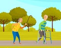 Old people man and woman on walk in city garden. Elderly couple with walking cane and walker in park Royalty Free Stock Photo