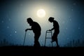 Old people on moonlight night. Elderly couple. Full moon in starry sky