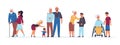 Old people with relatives. Cartoon families with kids and elderly members. Cheerful men and women support senior parents