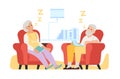 Old people sleeping in armchair. Grandparents relax and dream on sofa. Persons read books. Pensioners leisure. House