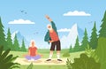 Old people sport outdoor. Happy active elder couple in sports uniform doing gymnastics, senior woman sitting in lotus Royalty Free Stock Photo