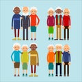 Old people standing. Elderly men and women europeans and african american ethnic friends. Senior stand and hug each other. Set