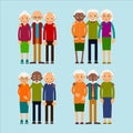 Old people standing. Elderly men and women europeans and african american ethnic friends. Senior stand and hug each other. Set