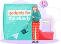 Old people with technology, woman with laptop learn to work with computer, gadgets for elderly