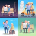 Old people travel to Italy, France set of illustrations