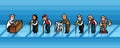 Old people waiting in line in hospital pixel art vector layers illustration