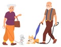 Old people walking with dogs. Active cartoon seniors