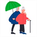 Old people walking under umbrella. Senior couple enjoying a walk together in the rain. Vector illustration in flat style Royalty Free Stock Photo