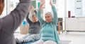 Old people in yoga class, fitness and meditation with breathing, wellness and retirement. Health, exercise and Royalty Free Stock Photo