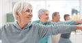 Old people in yoga class, fitness and stretching with happiness, wellness and retirement. Health, exercise and warm up Royalty Free Stock Photo