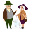 Old peple couple with a dog poodle. Happy grandparents together isolated