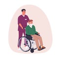 Old person with disability in wheelchair. Nurse, caregiver helping elderly senior disabled man. Social worker caring Royalty Free Stock Photo