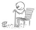 Old Person Sitting on Park Bench and Looking at Blooming Flower , Vector Cartoon Stick Figure Illustration