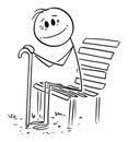 Old Person Sitting on Park Bench and Smiling , Vector Cartoon Stick Figure Illustration