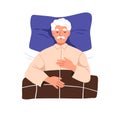 Old person sleeping in bed. Senior man dreaming, lying on back on pillow, top view. Grandfather asleep under duvet
