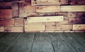 Old perspective wooden floor and wood stacked wall