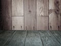 Old perspective wooden floor and wood stacked wall