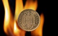 Old Peseta coin with the coat of arms of Franco`s Spain Royalty Free Stock Photo