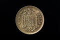 Old Peseta coin with the coat of arms of Franco`s Spain Royalty Free Stock Photo