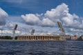 Old `Petrovsky` fotball stadium in Saint-Petersburg. View from the water