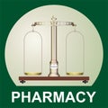 Old pharmacy, medical scales. Pharmacy. Balance of precision. Vector picture of pharmaceutical equipment, old pharmacy. Royalty Free Stock Photo