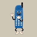 Old phone with antenna. Cute cartoon character with hands, legs, eyes. Retro comic style. Royalty Free Stock Photo
