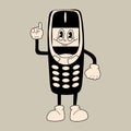 Old phone. Cute cartoon character with hands, legs, eyes. Retro comic style.