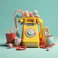 Old phone pink call telecommunication retro vintage receiver equipment dial blue classic telephone handset yellow Royalty Free Stock Photo
