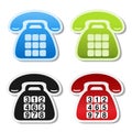 Old phone symbols on white background. Contact label in blue, green, black and red color. Telephone stickers with blank buttons an Royalty Free Stock Photo