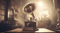 An antique phonograph on a vintage table in a nostalgic room Royalty Free Stock Photo