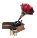 Old phonograph with three cylinder records Royalty Free Stock Photo